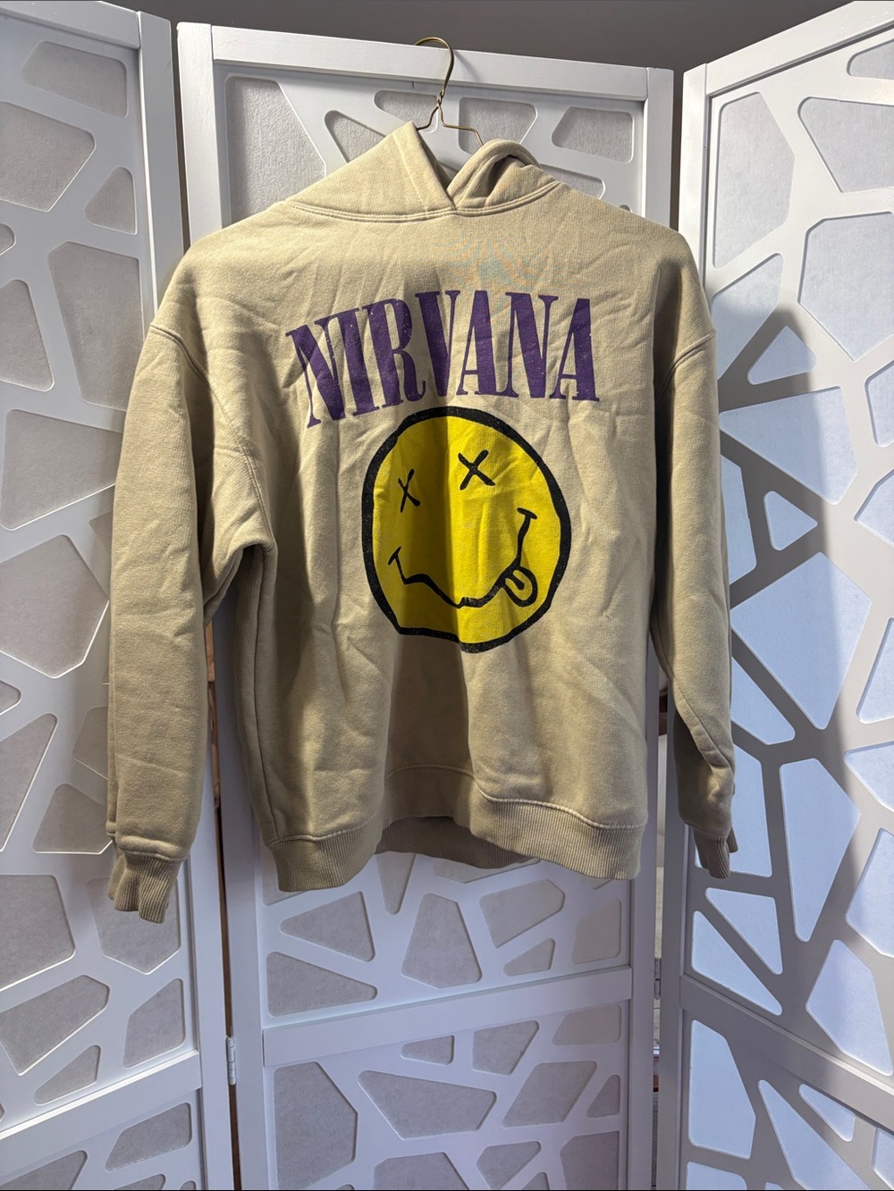 Zara Beige Hoodie with Yellow Smiley and Purple Nirvana Print